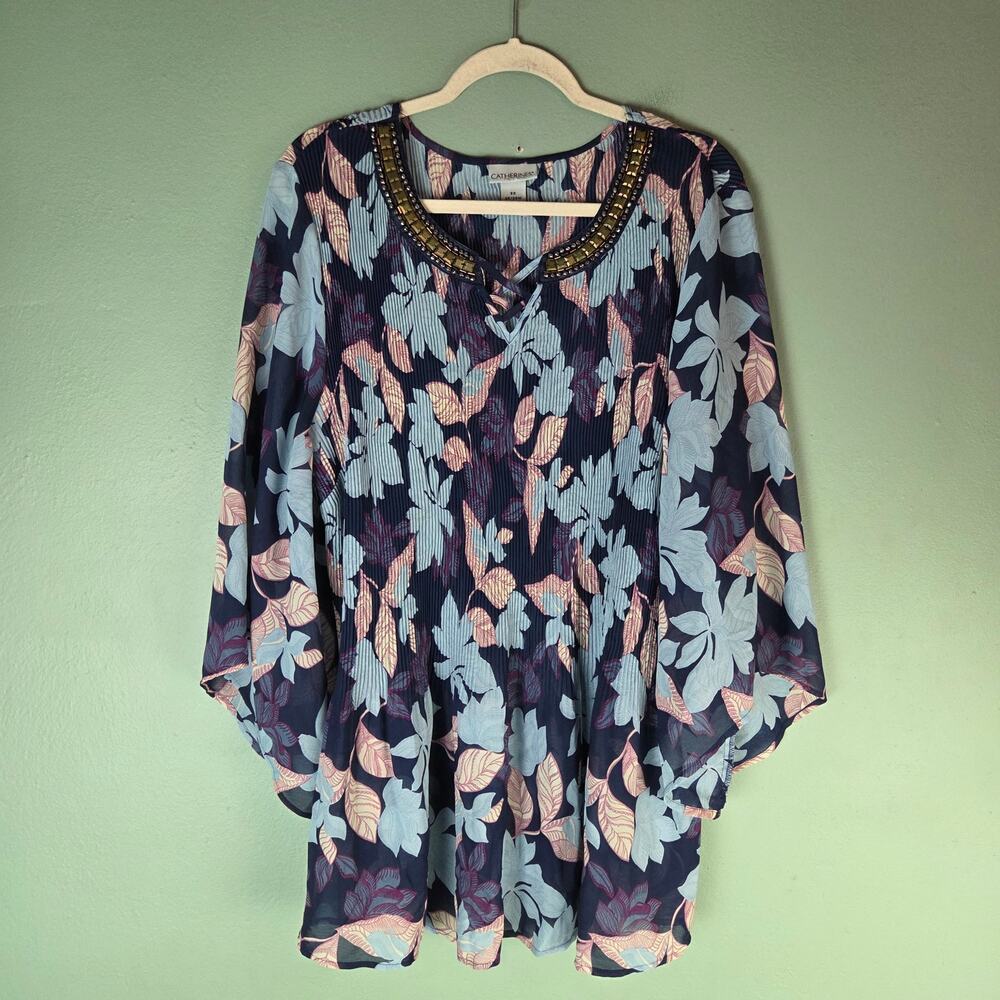 Catherines Womens 3X Tunic Blouse Blue Floral Boho Peasant Beaded Rhinestone